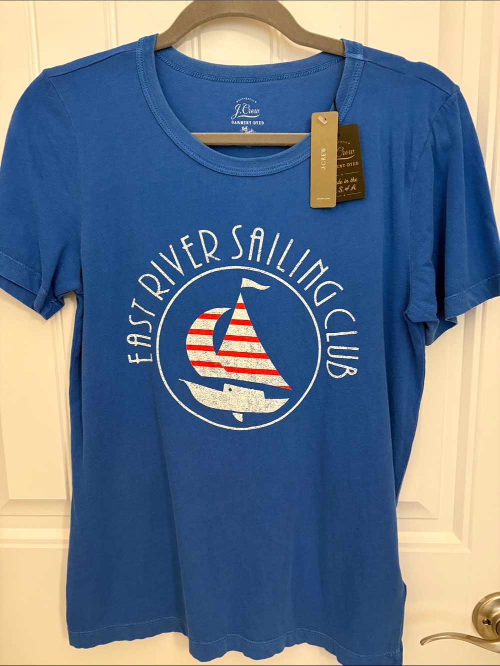 J. Crew Royal Blue Sailing Graphic Tee with Red & White Accent Size Medium